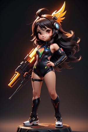 ((best quality)), ((masterpiece)), ((ultra-detailed)), high resolution, chibi girl, black fluffy hair, ahoge, brown eyes, futuristic clothing, dynamic pose, cute, happy, simple background, full body, 3DMM, High detailed, chibi, dynamic pose, cyberpunk, red hanfu, holding cyberpunk neon weapon, showing shoulders,