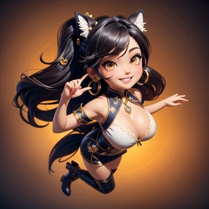 ((best quality)), ((masterpiece)), ((ultra-detailed)), high resolution, chibi girl, fluffy black hair, brown eyes, futuristic clothing, dynamic pose, cute, lite smile, happy, simple background, full body, 3DMM, High detailed, chibi, dynamic pose, cyberpunk, hanfu, showing shoulders, ear_ring, pony_tail, long boots, cleavage, necklace, big_boobs,High detailed , ahoge, leaping from above