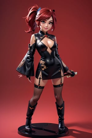 ((best quality)), ((masterpiece)), ((ultra-detailed)), high resolution, chibi girl, black ponytail, dark grey eyes, futuristic clothing, dynamic pose, cute, mischievous smile, happy, simple background, full body, 3DMM, chibi, dynamic pose, cyberpunk, black and red robe, long boots, big head, Color magic, Saturated colors, phoenix robe, leather miniskirt, long_gloves, High detailed , baton, cleavage, oppai, chibi, sexy cheongsam, necklace, belly button, fishnet stockings