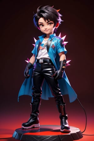 ((best quality)), ((masterpiece)), ((ultra-detailed)), high resolution, chibi boy, black spiky hair, brown eyes, futuristic clothing, dynamic pose, cute, lite smile, happy, simple background, full body, 3DMM, chibi, dynamic pose, cyberpunk, light robe, long boots, big head, Color magic, Saturated colors, print robe, leather pants, print shirt, neon cyberpunk sunshade, gloves, High detailed 