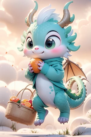 green dragon cute hopping happily surrounded by colorful clouds, long tail, tiny wings, chibi, big cute eyes, hanfu-style sweater, sport sneakers, holding a basket of oranges,