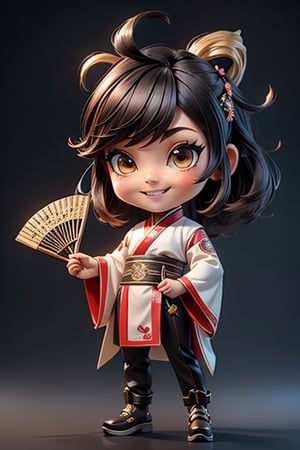 ((best quality)), ((masterpiece)), ((ultra-detailed)), high resolution, chibi girl, black fluffy hair, ahoge, brown eyes, futuristic clothing, dynamic pose, cute, smile, happy, simple background, full body, 3DMM, High detailed, chibi, smiling, dynamic pose, cyberpunk, hanfu, open palm hand, holding folding fan,High detailed 