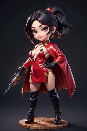 ((best quality)), ((masterpiece)), ((ultra-detailed)), high resolution, chibi girl, black ponytail, dark grey eyes, futuristic clothing, dynamic pose, cute, mischievous smile, happy, simple background, full body, 3DMM, chibi, dynamic pose, cyberpunk, black and red robe, long boots, big head, Color magic, Saturated colors, tiger motive robe, leather miniskirt, long_gloves, High detailed , weapons, cleavage, oppai, chibi, cheongsam, necklace, 