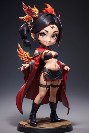 ((best quality)), ((masterpiece)), ((ultra-detailed)), high resolution, chibi girl, black ponytail, dark grey eyes, futuristic clothing, dynamic pose, cute, mischievous smile, happy, simple background, full body, 3DMM, chibi, dynamic pose, cyberpunk, black and red robe, long boots, phoenix robe, leather miniskirt, long_gloves, High detailed, katana, cleavage, sexy cheongsam, necklace, belly button, fishnet stockings, translucent bunnysuit,  see_through, chibi, big head, showing belly button, mini pet phoenix on shoulder