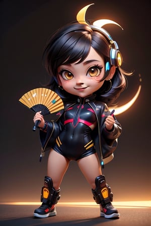 ((best quality)), ((masterpiece)), ((ultra-detailed)), high resolution, chibi girl, black fluffy hair, ahoge, brown eyes, futuristic clothing, dynamic pose, cute, smile, happy, simple background, full body, 3DMM, High detailed, chibi, smiling, dynamic pose, cyberpunk, hanfu, holding cyber punk neon folding fan, High detailed 