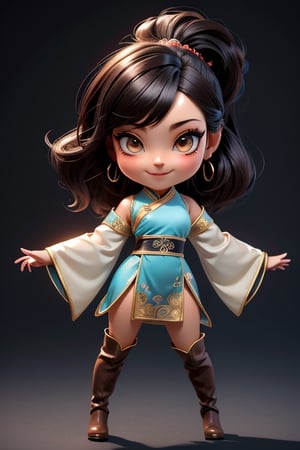 ((best quality)), ((masterpiece)), ((ultra-detailed)), high resolution, chibi girl, fluffy black hair, brown eyes, futuristic clothing, dynamic pose, cute, lite smile, happy, simple background, full body, 3DMM, High detailed, chibi, dynamic pose, cyberpunk, light hanfu, showing shoulders, ear_ring, pony_tail, long boots, cleavage, necklace, big head