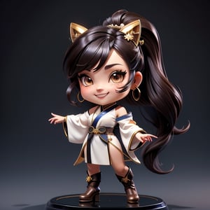 ((best quality)), ((masterpiece)), ((ultra-detailed)), high resolution, chibi girl, fluffy black hair, brown eyes, futuristic clothing, dynamic pose, cute, lite smile, happy, simple background, full body, 3DMM, High detailed, chibi, dynamic pose, cyberpunk, light hanfu, showing shoulders, ear_ring, pony_tail, long boots, cleavage, necklace, big head