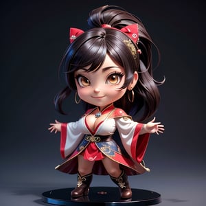 ((best quality)), ((masterpiece)), ((ultra-detailed)), high resolution, chibi girl, fluffy black hair, brown eyes, futuristic clothing, dynamic pose, cute, lite smile, happy, simple background, full body, 3DMM, High detailed, chibi, dynamic pose, cyberpunk, hanfu, showing shoulders, ear_ring, pony_tail, long boots, cleavage, necklace, big_boobs,High detailed , ahoge