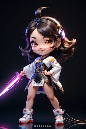 ((best quality)), ((masterpiece)), ((ultra-detailed)), high resolution, chibi girl, black fluffy hair, ahoge, brown eyes, futuristic clothing, dynamic pose, cute, smile, happy, simple background, full body, 3DMM, High detailed, chibi, smiling, dynamic pose, cyberpunk, white hanfu, holding cyberpunk neon sword, High detailed 