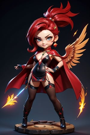 ((best quality)), ((masterpiece)), ((ultra-detailed)), high resolution, chibi girl, black ponytail, dark grey eyes, futuristic clothing, dynamic pose, cute, mischievous smile, happy, simple background, full body, 3DMM, chibi, dynamic pose, cyberpunk, black and red robe, long boots, phoenix robe, leather miniskirt, long_gloves, High detailed, laser daggers, cleavage, sexy cheongsam, necklace, belly button, fishnet stockings, translucent bunnysuit, areola slip, see_through, transparent_clothing, chibi, big head