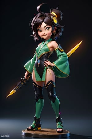 ((best quality)), ((masterpiece)), ((ultra-detailed)), high resolution, chibi girl, black fluffy hair, ahoge, brown eyes, futuristic clothing, dynamic pose, cute, smile, happy, simple background, full body, 3DMM, High detailed, chibi, dynamic pose, cyberpunk, green hanfu, holding cyberpunk neon claymore, showing shoulders,