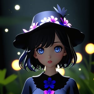 forever significant floral darkness, fireflies and stars, silhouette fashionable hat,3D.