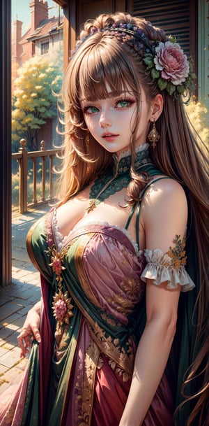 (absurdres, highres, ultra detailed), 1girl, mature female, long hair, blunt bangs, green eyes, pink dress, finely detailed eyes and detailed face, extremely detailed CG unity 8k wallpaper, intricate details, kaleidoscopic imagery.