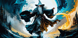 Ultra-Wide angle shot, photorealistic of gothic medieval of thrilling fusion between gandalf and harry potter, resulting in a new character that embodies elements of both, people, seeBlack ink flow: 8k resolution photorealistic masterpiece: by Aaron Horkey and Jeremy Mann: intricately detailed fluid gouache painting: by Jean Baptiste Mongue: calligraphy: acrylic: colorful watercolor art, cinematic lighting, maximalist photoillustration: by marton bobzert: 8k resolution concept art intricately detailed, complex, elegant, expansive, fantastical, psychedelic realism, dripping paint