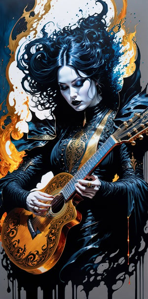 Ultra-Wide angle shot, photorealistic of gothic medieval of thrilling fusion between gothic guitar and demon, resulting in a new character that embodies elements of both, people, seeBlack ink flow: 8k resolution photorealistic masterpiece: by Aaron Horkey and Jeremy Mann: intricately detailed fluid gouache painting: by Jean Baptiste Mongue: calligraphy: acrylic: colorful watercolor art, cinematic lighting, maximalist photoillustration: by marton bobzert: 8k resolution concept art intricately detailed, complex, elegant, expansive, fantastical, psychedelic realism, dripping paint