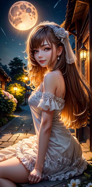 Dark night, absurderes, princess, minimal dress, high resolution, Ultra detailed backgrounds, highly detailed hair, 1girl in, Calm tones, (Geometry:1.42), (Symmetrical background:1.4),  korean 29 year old girls,  sit under the tree, Smiling, front view, Photograph the whole body ,frombelow ,Backlighting of natural light, falling petals, garden view,  long_hair,  wind blowing, stary night, night sky, full moon, the source of light is the moon light, slighty_chubby, romance_mood, romantic lamp,ellafreya,neolight 