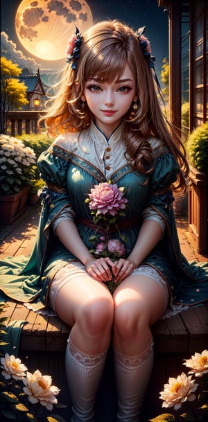 Dark night, absurderes, princess, high resolution, Ultra detailed backgrounds, highly detailed hair, 1girl in, Calm tones, (Geometry:1.42), (Symmetrical background:1.4),  korean 29 year old girls,  sit under the tree, Smiling, Photograph the whole body ,frombelow ,Backlighting of natural light, falling petals, garden view,  long_hair,  wind blowing, stary night, night sky, full moon, the source of light is the moon light, slighty_chubby, romance_mood, romantic lamp,ellafreya,neolight 