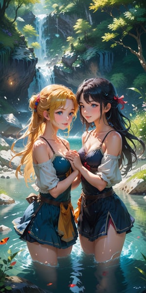 Create a vivid and enchanting anime-style scene set in a fantasy world. In this scene, depict two beautiful girls immersed in a crystal-clear river, joyfully playing with the water. The river should be surrounded by lush, vibrant scenery, and the girls should be interacting with water in a playful and captivating way, with splashes adding to the magic of the moment. Capture the beauty of this friendship and the serene, picturesque atmosphere of their surroundings, making it a truly captivating and enchanting image. ((Perfect face)), ((perfect eyes)), ((super realistic high quality image)),