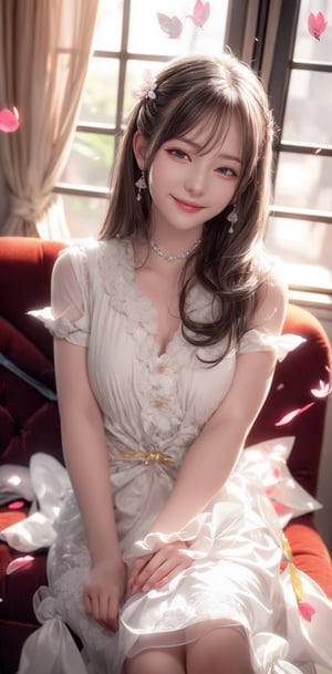 masutepiece, hight resolution, living room, dim light, virant color,cozy warm atmosfer, in the sofa, 30-year-old girl, Smiling at the camera, Finish as shown in the photo, the skin is milk white and beautiful, inner colored, Hair should be tied back, flower in hand, detailed room, window view, cherry_blossoms, falling_petals,