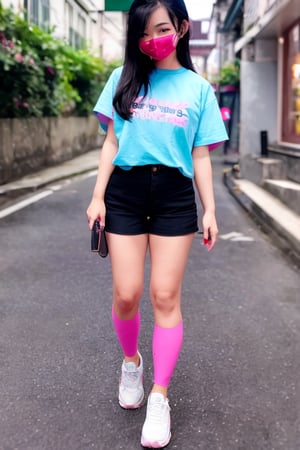 1 girl , ,full body,smile ,black hair ,wearing light blue tight t shirt, pink shortpants ,asian , indonesia ,masterpiece ,perfect lightning ., face,beauty_mark,street thailand ,street,perfect eyes
