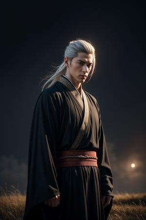 A handsome hanfu swordsman with white hair standing in the reeds prairie hill at the full moon night, wearing a dark outfit, misty, foggy, cinematic, masterpiece, best quality, high resolution 