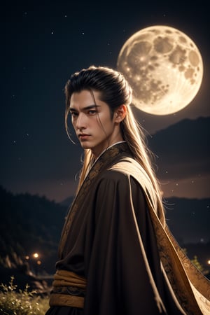 Create an image of a handsome hanfu swordsman with long, white hair standing atop a hill at night. Illustrate his powerful and dignified presence, dressed in elegant attire with a weapon subtly at his side. Let the moon or stars illuminate the hill, adding a magical aura to the scene. Against the tranquil backdrop of the dark night, portray the warrior's glory and strength in a majestic solitude upon the hilltop.