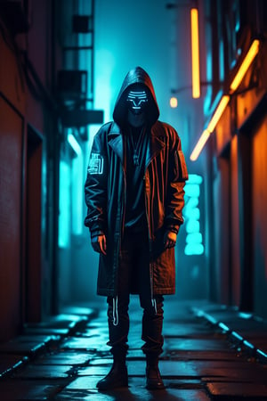 A full body portrait of a cyberpunk hacker, illuminated by neon lights, standing confidently in a dark alleyway, hazy teal orange foggy night sky, dark side alley, cobblestone street, masterpiece, (silhouette), atmospheric, best quality