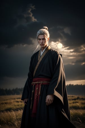 A handsome hanfu swordsman with white hair standing in the reeds prairie hill at the full moon night, wearing a dark outfit, misty, foggy, cinematic, masterpiece, best quality, high resolution 