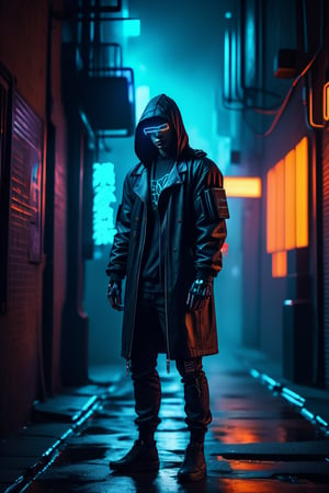 A full body portrait of a cyberpunk hacker, illuminated by neon lights, standing confidently in a dark alleyway, hazy teal orange foggy night sky, dark side alley, cobblestone street, masterpiece, (silhouette), atmospheric, best quality