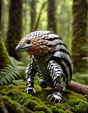 award winning photography of Robotic pangolin, very detail work, shiny steel scale, tropical forest with full moss,  ((best quality)), ((highly detailed)), (( (perfect detail, perfect photo))), (masterpiece:1.3), (high resolution), (8K), (extremely detailed), (4k), blurry background, bokeh, dark theme