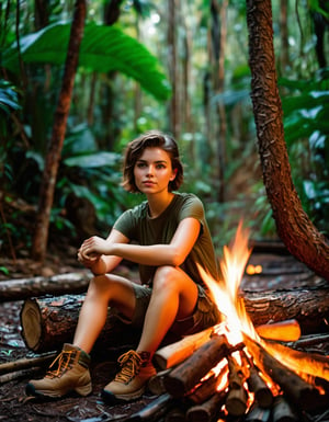 RAW photo, beauty girl 22 years old, short brown hair, short hiking pants, hiking outfit, hiking boot, siting near campfire, sweaty, hourglass body, log legs, backgound tropical forest, after dark