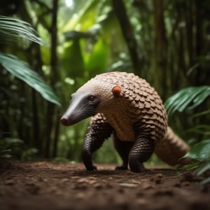 Manis Janavika, South Asian Pangolins, anteater, ((Masterpiece)), ((Immersive)), ((Vibrant)), ((Astounding)), ((4K)), ((Breathtaking)), Indonesian, tropical forest background, raw photo, Untouched photo, original photo, from behind shot, RAW Image, cinematic lighting, Filmic illumination, Evocative lighting, Dramatic lighting, Wide aperture, Isolated subject, Blurry background