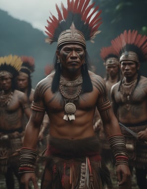 dayak chief warrior leads a gang to fight, 8k resolution photorealistic masterpiece, intricately detailed, cinematic lighting, complex, elegant, expansive, fantastical, psychedelic realism, dripping paint, unreal engine v5, v-ray,Movie Stil,Movie Still