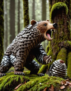 award winning photography of Robotic (Bear with pangolin scales), yawning, very detail work, shiny steel scale, path tropical forest with full moss,  ((best quality)), ((highly detailed)), (( (perfect detail, perfect photo))), (masterpiece:1.3), (high resolution), (8K), (extremely detailed), (4k), blurry background, bokeh, dark theme