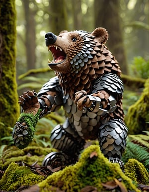 award winning photography of Robotic (Bear with pangolin scales), yawning, ready to fight position,very detail work, shiny steel scale, path tropical forest with full moss,  ((best quality)), ((highly detailed)), (( (perfect detail, perfect photo))), (masterpiece:1.3), (high resolution), (8K), (extremely detailed), (4k), blurry background, bokeh, dark theme