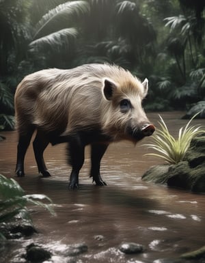 bearded boar,background tropical rain forest,  full body shot,  highly detailed,  (realistic fur),  ((Masterpiece)),  ((Immersive)),  ((Vibrant)),  ((Astounding)),  ((4K)),  ((Breathtaking)),  Indonesian,  raw photo,  higly Untouched photo,  original photo,  RAW Image,  cinematic lighting,  Filmic illumination,  Evocative lighting,  Dramatic lighting,  Wide aperture,  Isolated subject,  3d fluffy,  adorable,  cute big circular reflective eyes,  long fuzzy fur,  cinematic smooth,  intricate detail,  cinematic