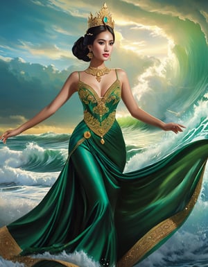 ((Elegant)),((Intricate)), Photorealistic Beautifull (Javanese women), big eyes, hourglass body shape, Goddess, Queen of Sea, wearing (green) glamour long dress with jewel, gold crown, holding poseidon trident, cleavage, wide hips, Flying above big wave sea, thunderstorm, photorealistic, masterpiece,ethereal lighting, Magical lighting, Otherworldly illumination, Dreamlike light, Blue sky enhancement, Reduced reflections, Javanese bun hair