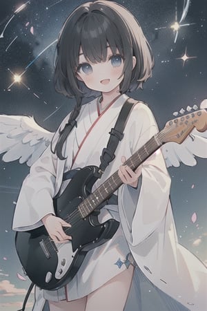 (best quality, masterpiece:1.9),1girl,solo,in the sky,playing electric guitar,white wings,black_hair ,smiling,looking down at viewer,open mouth,stars in background,white robe,long sleeves,flowing,peaceful expression,midjourney,anime coloring