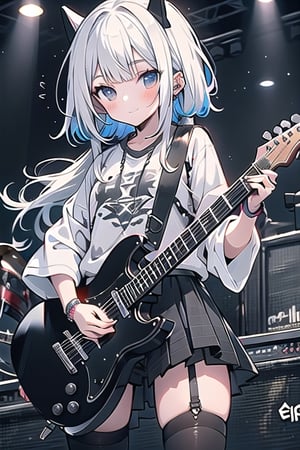 anime coloring,Heavy metal, black leather, heavy music, standing tall, epic guitar solo, girl solo electric guitar, female guitarist of metal, girl playing the guitar, electric guitar made of metal, female rocker playing a concert, anime style,white hair,thigh_highs
,,best quality,masterpoece,(loli:1.1),highly detailed,