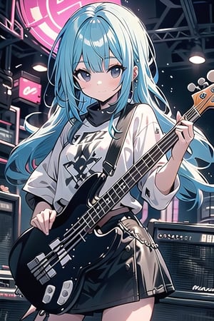 anime coloring,Heavy metal, black leather, heavy music, standing tall, epic bass, girl play electric bass, female bassist of metal, girl playing the bass, electric bass made of metal, female rocker playing a concert, anime style,blue hair,best
quality,masterpoece,highly detailed,black eyes,long hair