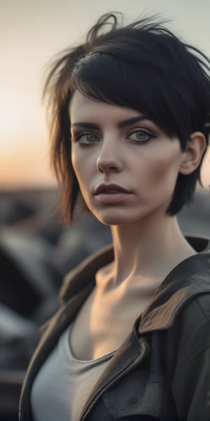 Waist up portrait photo of 30 y.o woman in wastelander clothes, black hair, short haircut, pale skin, slim body, background is industrial waste land city, sunset (high detailed skin:1.2),8k uhd, dslr, soft lighting, high quality