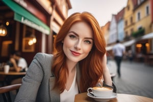 a wide-angle waist-up portrait photo of 30 y.o woman, seated in a street side cafe, happy drinking coffee, with red hair, dressed like a teacher, pale skin, slim body, realistic textured hazel eyes, beautiful eyes, hyper detailed eyes, perfect fingers, beautiful fingers, background is a busy city landscape, cinematic, (highly detailed skin:1.2), 8k uhd, dslr, soft lighting, high quality