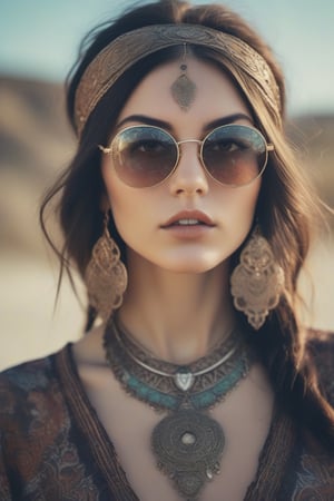 a close up of a woman wearing sunglasses and a necklace, dark hair, bohemian fashion, bohemian style, portrait shot, boho style, boho chic, gorgeous woman, lovely bohemian princess, boho - chic, hippie fashion, hippie chic, fashion photography, young beautiful hippie girl, high - end fashion photoshoot, hippie girl, karol bak uhd, wearing ornate clothing