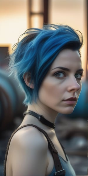 Waist up portrait photo of 30 y.o woman in wastelander clothes, blue hair, short haircut, pale skin, slim body, background is industrial waste land city, sunset (high detailed skin:1.2),8k uhd, dslr, soft lighting, high quality