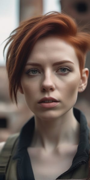 a close up portrait photo of 30 y.o woman in wastelander clothes,redhair,short haircut,pale skin,slim body,background is city ruins,(high detailed skin:1.2),8k uhd,dslr,soft lighting,high quality