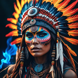 an extremely psychedelic portrait of a female shaman, vivid colours, intricate details war bonnet, realistic textured eyes, night bonfire flame in the background (high detailed skin:1.2), 8k uhd,  dslr,  soft lighting,  high quality