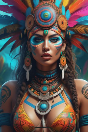 (best quality,highres:1.2), ultra-detailed, realistic, professional, surreal, psychedelic, highly detailed digital painting, mid body shot, shaman, face, detailed eyes, detailed lips, bikini, intricate, elegant, lithe, smooth, sharp focus, ArtStation, concept art, illustration, colourful, vibrant, dynamic lighting