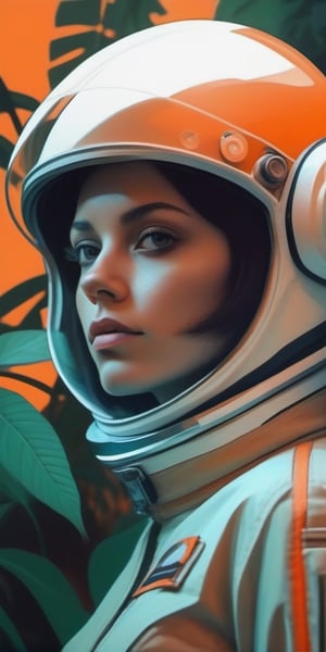 Waist-up, muted photo portrait titled "female astronaut in a jungle" by syd mead, broken helmet tangerine cold color palette, muted colors, detailed, 8k