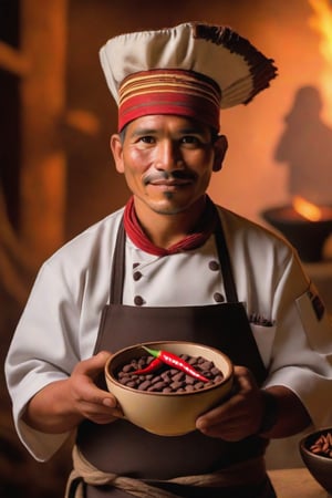 A Mayan chef holding a cup of spicy chocolate with cocoa beans and chili peppers in the background.