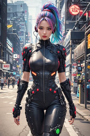 busty and sexy girl, rainbow hair, neon highlights, braids, long_ponytail, 8k, masterpiece, ultra-realistic, best quality, high resolution, high definition,The character’s outfit is a futuristic body forming jumpsuit made of leather. The intricate detailing on the clothing has a cyberpunk feel with various gadgets and neon lights. She is wearing headphones, and her hands are pressed against the headphones as she listens to music. the background is a futuristic city sidewalk